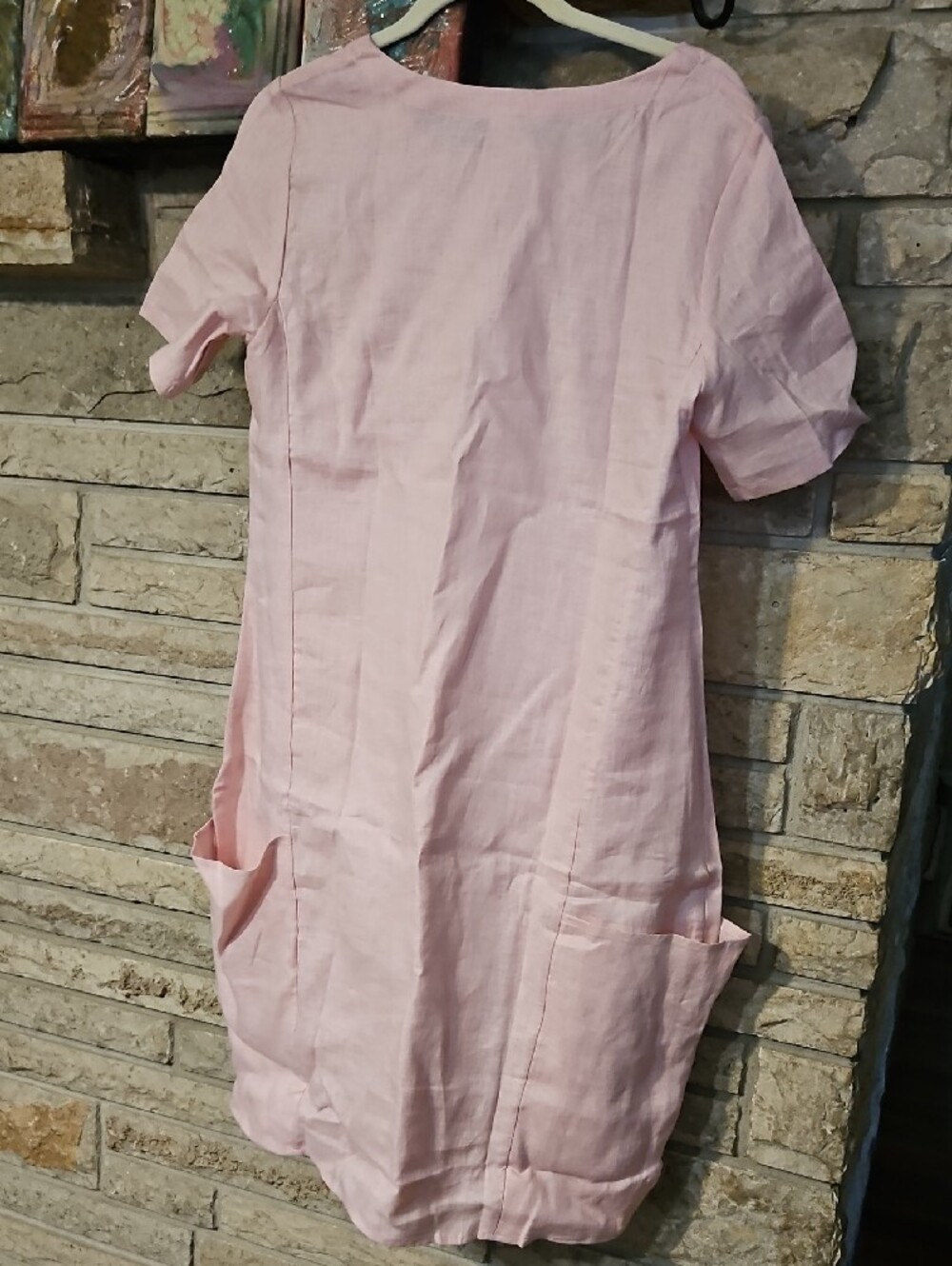 Relaxed Pink Scoop-Neck Linen Pocket Dress - Picture 5 of 7